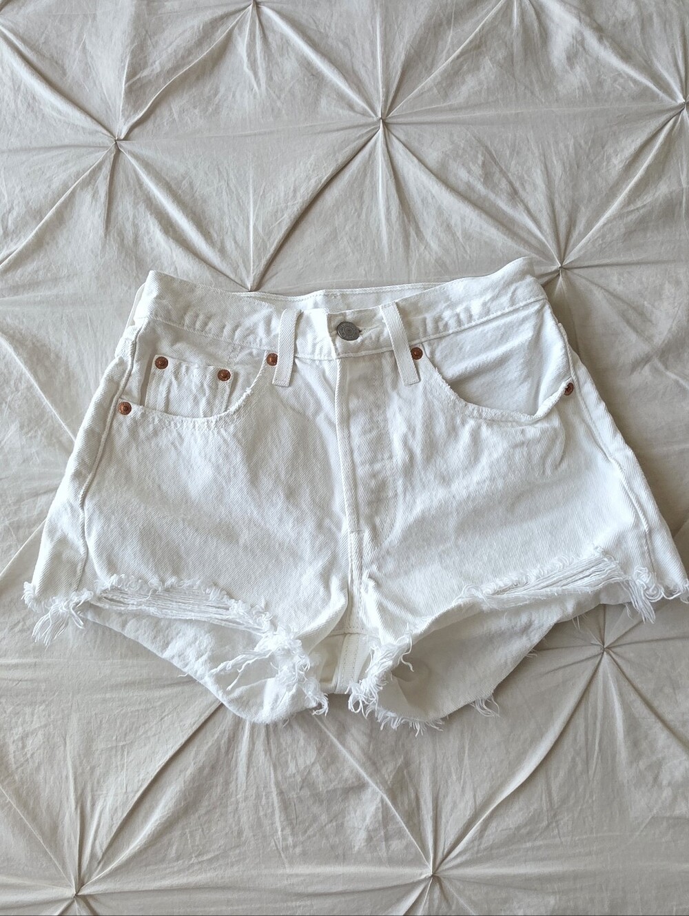 Levi's Premium 501 White Button Fly Distressed Denim Shorts